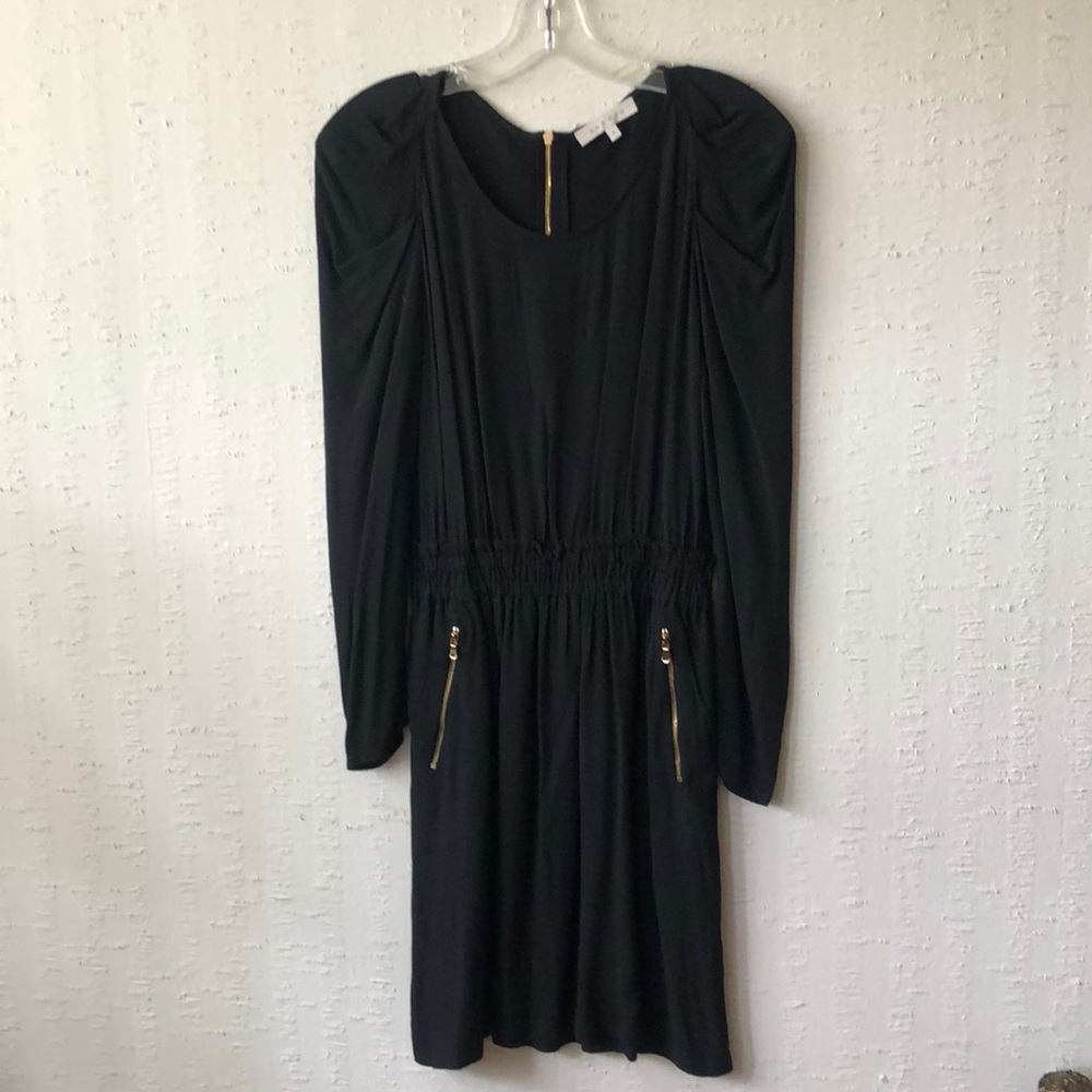 SANDRO BLACK DRESS SIZE 1 - LIKE NEW! Gold zipper details & puff shoulder detail